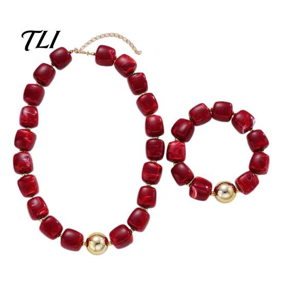 Elegant Jewelry for Special Occasions 1 Set Red Beaded Bracelet Necklace, Acrylic Square Bead Choker Festival Wear Gift And Set, Retro Chunky