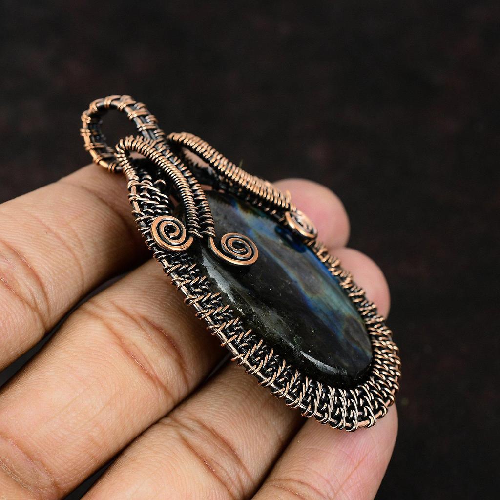 Кулон из лабрадорита и меди, подвеска из медной проволоки с драгоценным камнем, уникальный подарок ручной работы для нее, ювелирные изделия из лабрадорита и меди, свадебный подарок