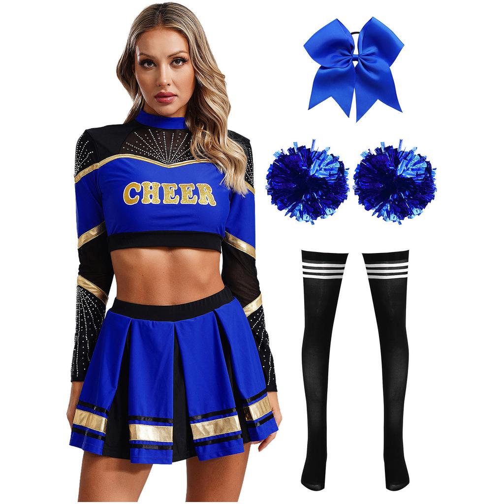 Women Cheerleading Performance Dance Outfit Long Sleeve Mock Neck Rhinestones Crop Top Pleated Skirt Hair Tie Set