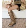 Womens Fashion British Style Knee High Boots Round Toe Block Heel Biker With Belt Buckle Fall Winter