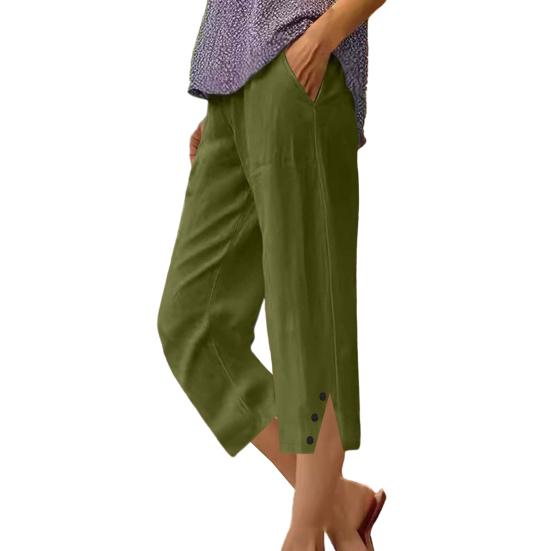Women Cropped Pants Elastic Waist Wide Leg Beach Pants with Pockets Solid Color Casual Loose Fit Pants