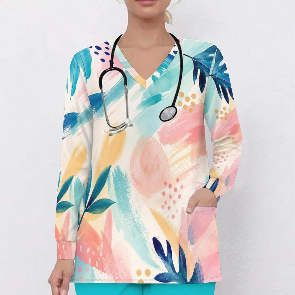 Women Plus Size Geometric Printed Nurse Scrub Top V Neck Long Sleeve With Front Pockets