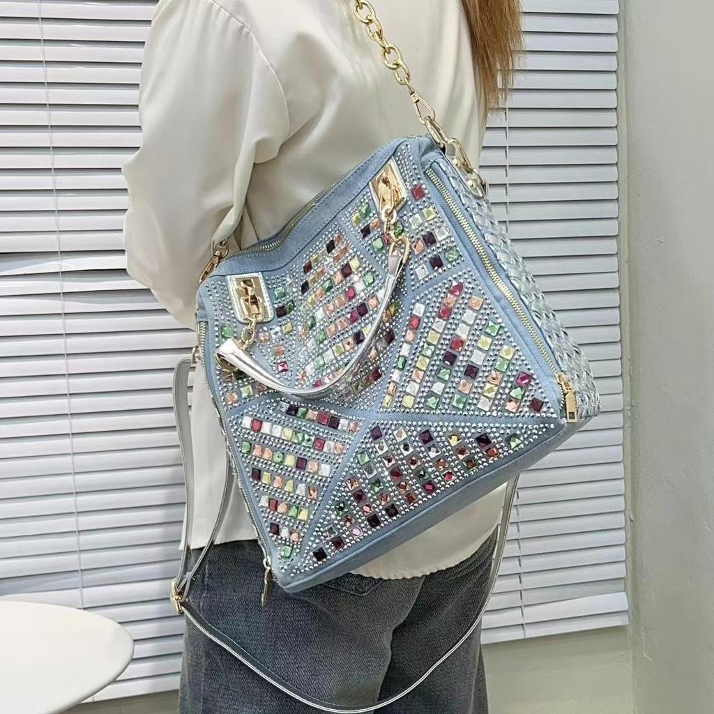 Rhinestone Embellished Denim Tote Bag - Woven Canvas Shoulder Bag with Diamond Accents, Large Capacity Crossbody Purse for Women