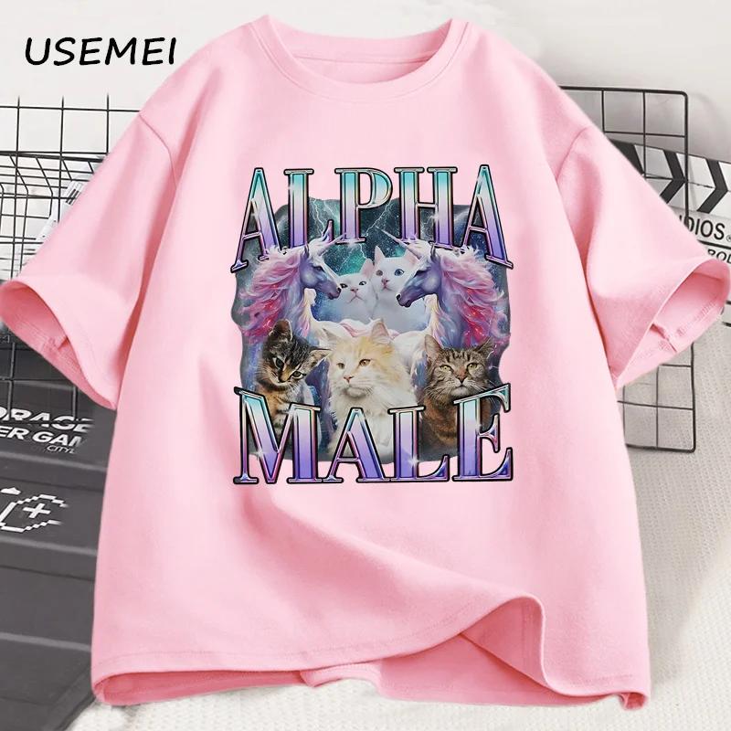 Alpha Male Unicorn Cat TShirt Unisex Ironic 90s Vintage Funny Rainbow Meme Tee Shirt Weird Cat T Shirt Casual Cotton Clothes