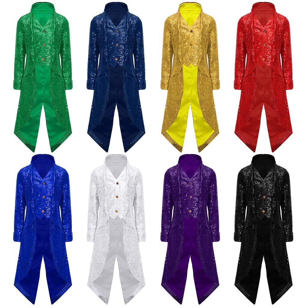 Boys Gothic Steampunk Tailcoat Vintage Long Coat Victorian Frock Coat Sequined Jacket Halloween Costume