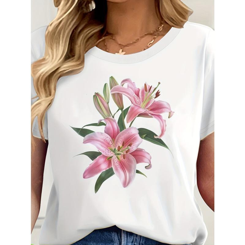 Европейские размеры Женская футболка с элегантным цветочным принтом - Черная повседневная футболка с коротким рукавом с розовыми лилиями и зелеными листьями