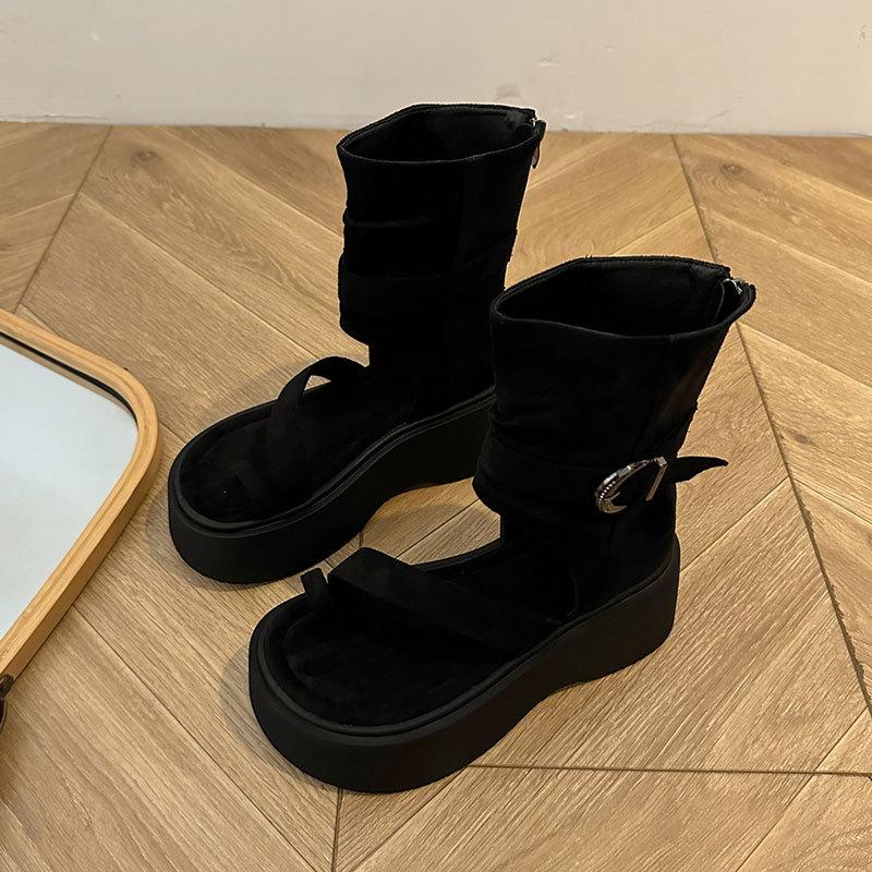 Retro Thick-soled Roman Cool Boots Women's Summer New Fashion Set-toed High-top Sandals Heightening Rear Zipper Short Boots