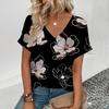 Oversize Women's T-Shirt V-Neck Short Sleeve Tshirts Loose Flower Prined Woman Clothing Casual Pullover Streetwear Clothing