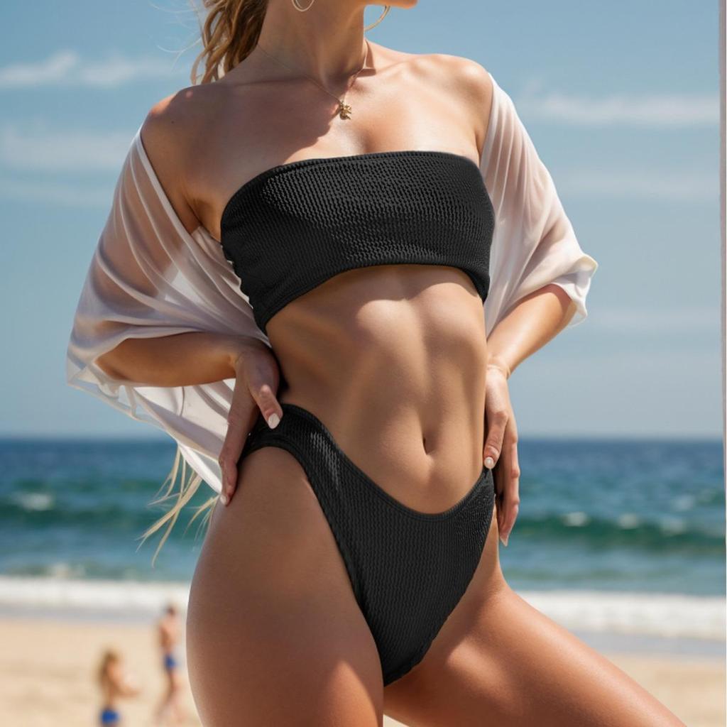 2024 European & American Snake Print Bandeau High-Waisted Bikini Swimwear for Women