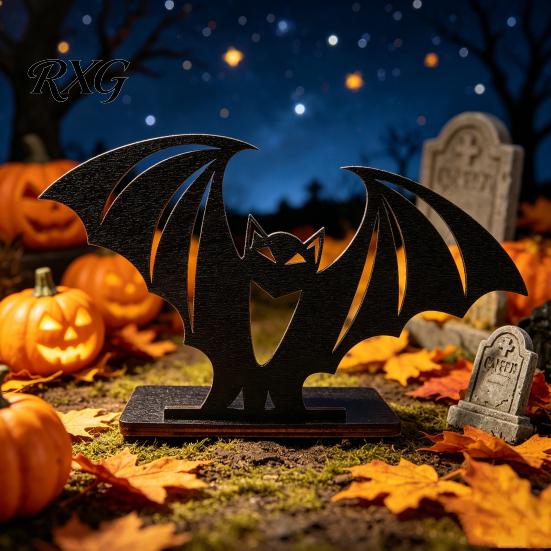 Halloween Desktop Decor Bat Ornament, Solid Wood Tea Candle Holder, Black Table Ornament Spooky Decoration, for Electronic Candles Horror Atmosphere