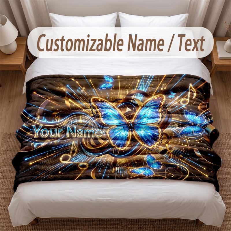 Butterfly Theme Soft Blanket Personalized Custom Name Text Print Warm Blanket Home Sofa Bedroom Decor