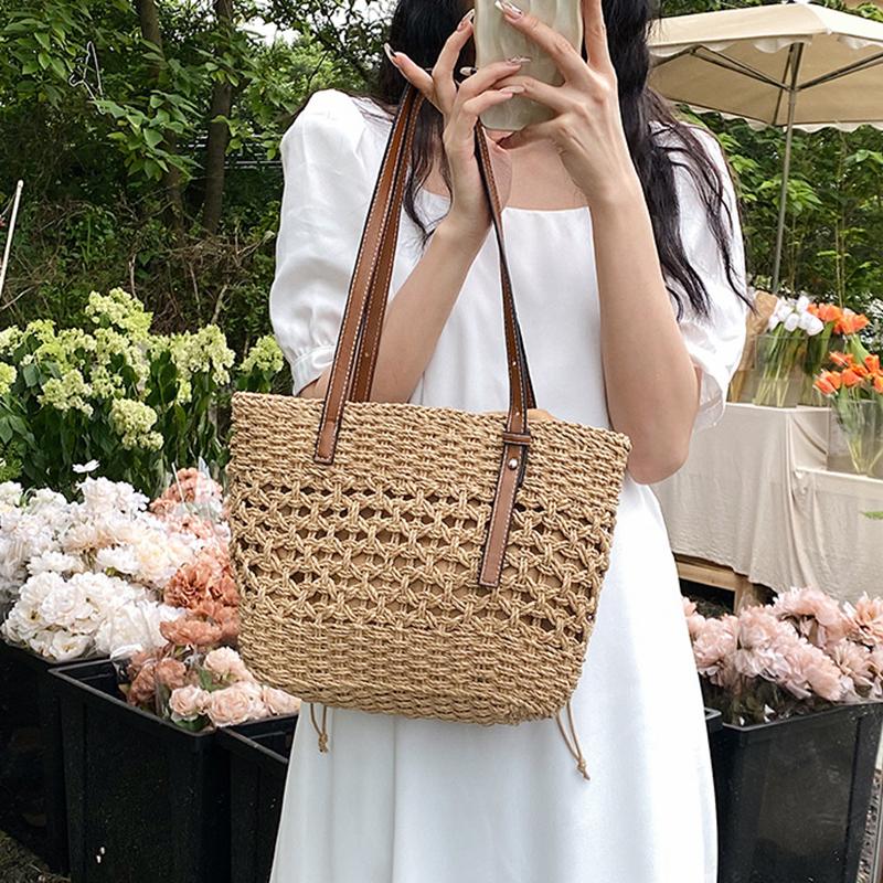 Соломенная сумка-ведро большой емкости для женщин, летняя тканая пляжная сумка-тоут с верхней ручкой, сумка-шоппер