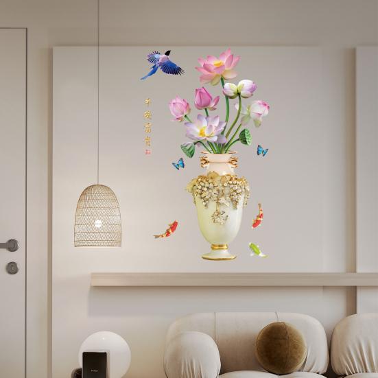 3D Большая ваза Наклейка на стену Цветок лотоса Наклейка Самоклеящаяся Сильная Липкость Водонепроницаемая