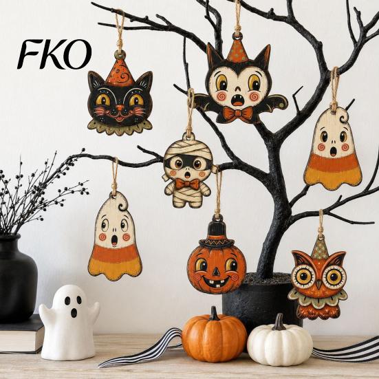 Vintage Cartoon Halloween Set Wooden Hanging Decor, Ghost Black Cat Pumpkin Owl Ornament, Rustic Mummy And Ornaments Wall Decor Gift Tags for
