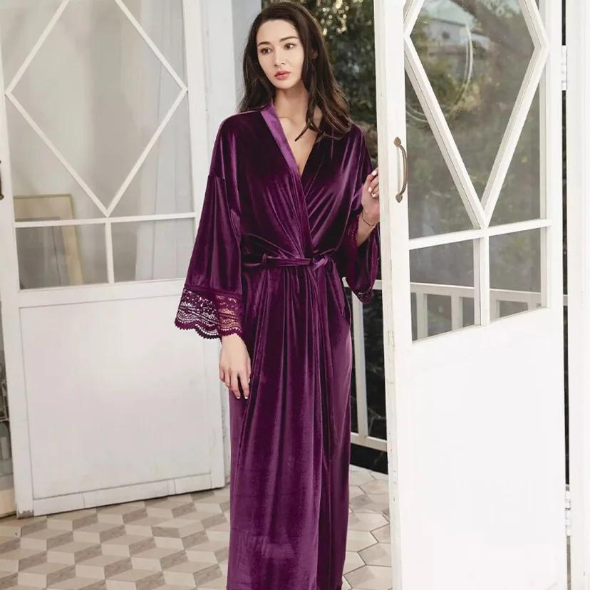 Long Velvet Robes with Lace Robe Women Bride Bridesmaid Kimono Bathrobe Party Soft Lady Wedding Homewear Warm Velvet Robe Gown
