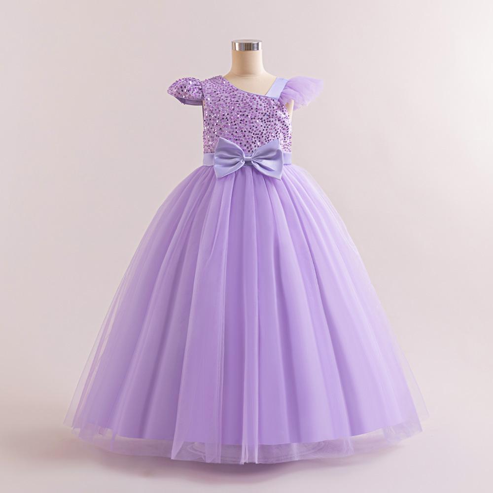 Girls' Sequined Mesh Tutu Dress with Small Flying Sleeves & Bow - Evening & Flower Girl Princess Dress