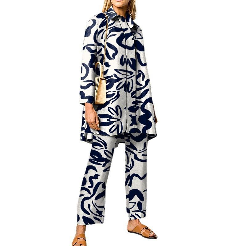 Женский комплект: рубашка и брюки с широкими штанинами, зеленый геометрический принт