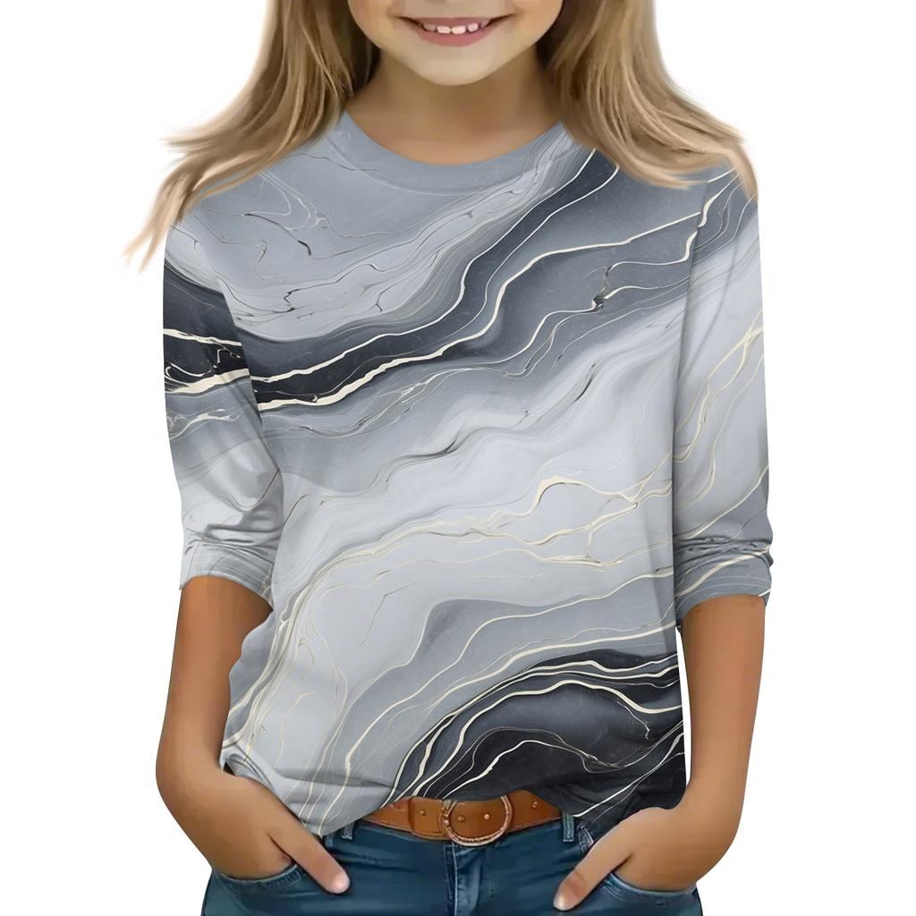 Топы с принтом для девочек 5-16 лет с круглым вырезом и рукавами 3/4 Футболки Модные топы Наряды Футболки