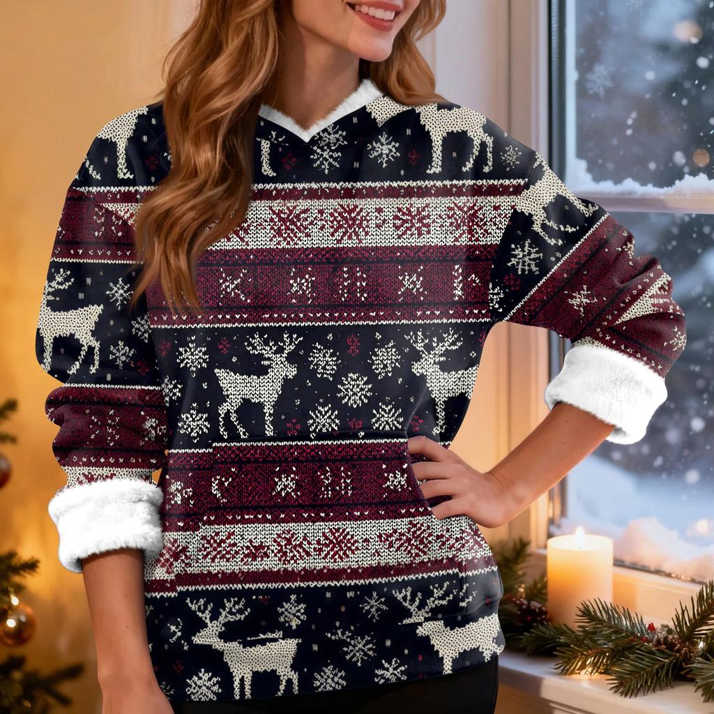 Женская модная повседневная толстовка с капюшоном и длинным рукавом с рождественским принтом