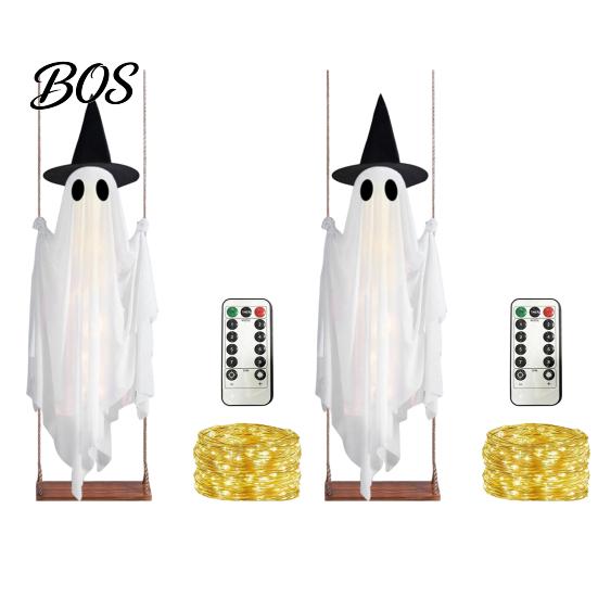 Weighted Fabric Flying Ghost Luminous Halloween Hanging Swing with Witch Hat, Remote-controlled Adjustable Animated Yard Figures Brightness, Ornament