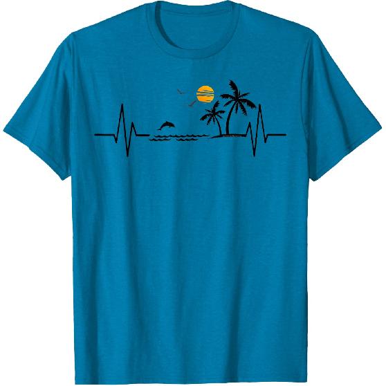 Heartbeat with Tropical Palm Trees Beach Island and Dolphin T-Shirt