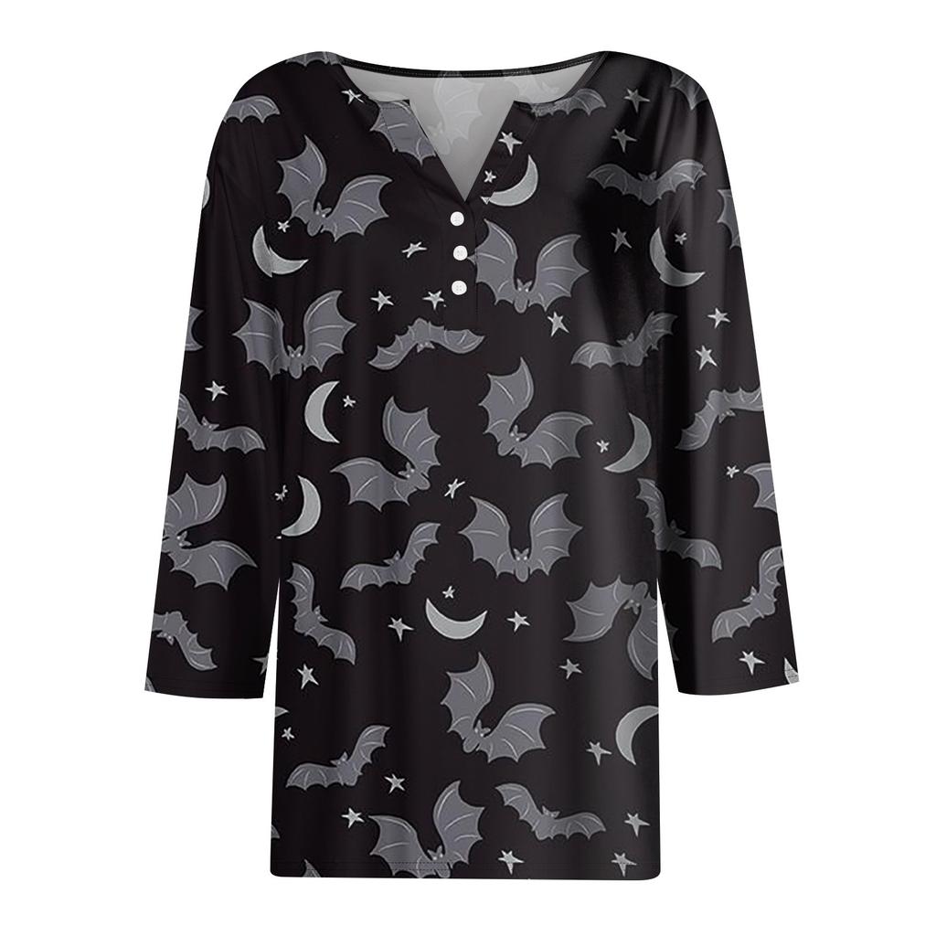 Женские топы с рукавом 3/4 с цветочным принтом на Хэллоуин, винтажные модные повседневные свободные рубашки с v-образным вырезом, рубашки больших размеров