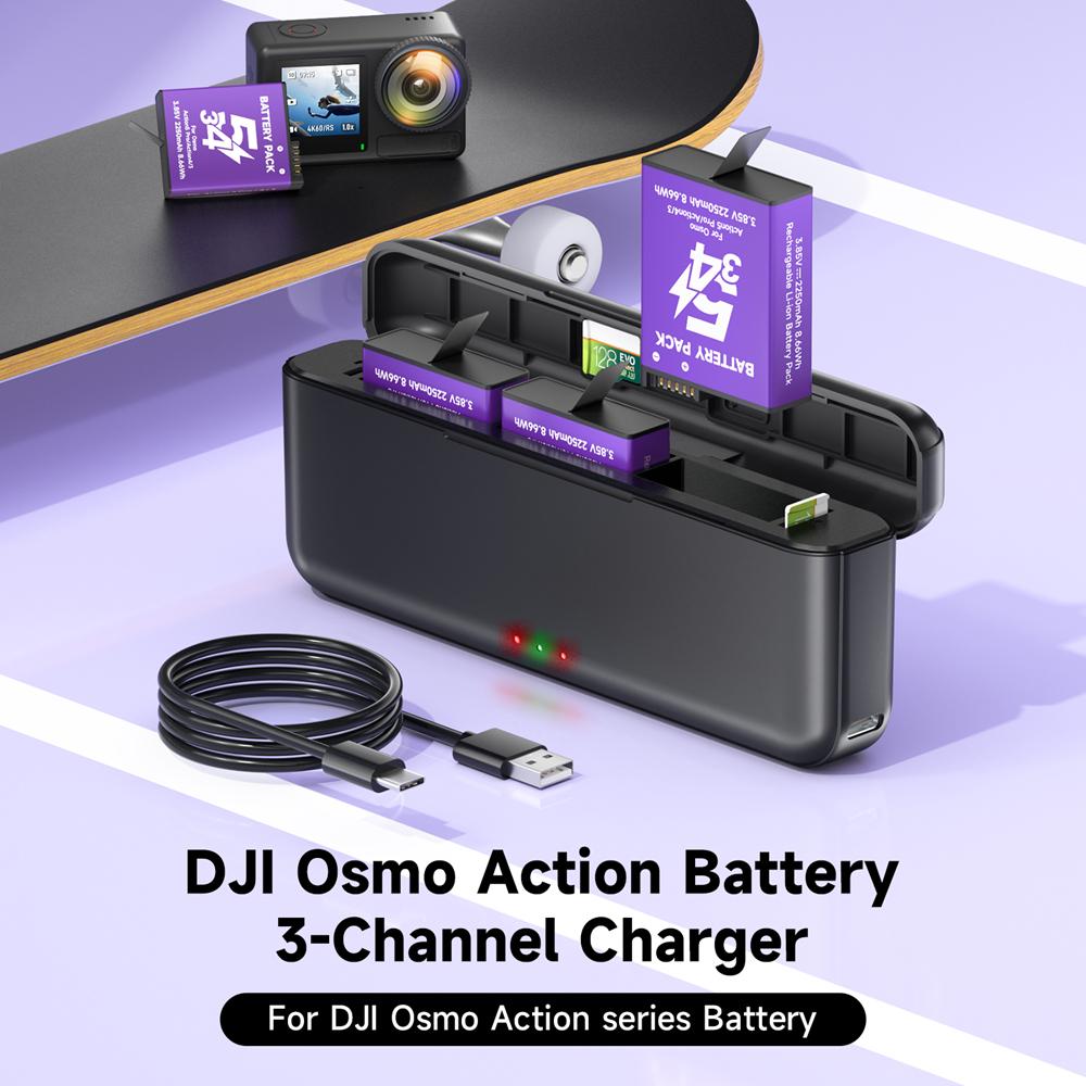 Аккумулятор 2250 мАч для камеры DJI Osmo Action 6 Osmo360 Action 5 Pro Action 4 с 3-канальным быстрым зарядным устройством для аксессуаров DJI Osmo Action 4/3