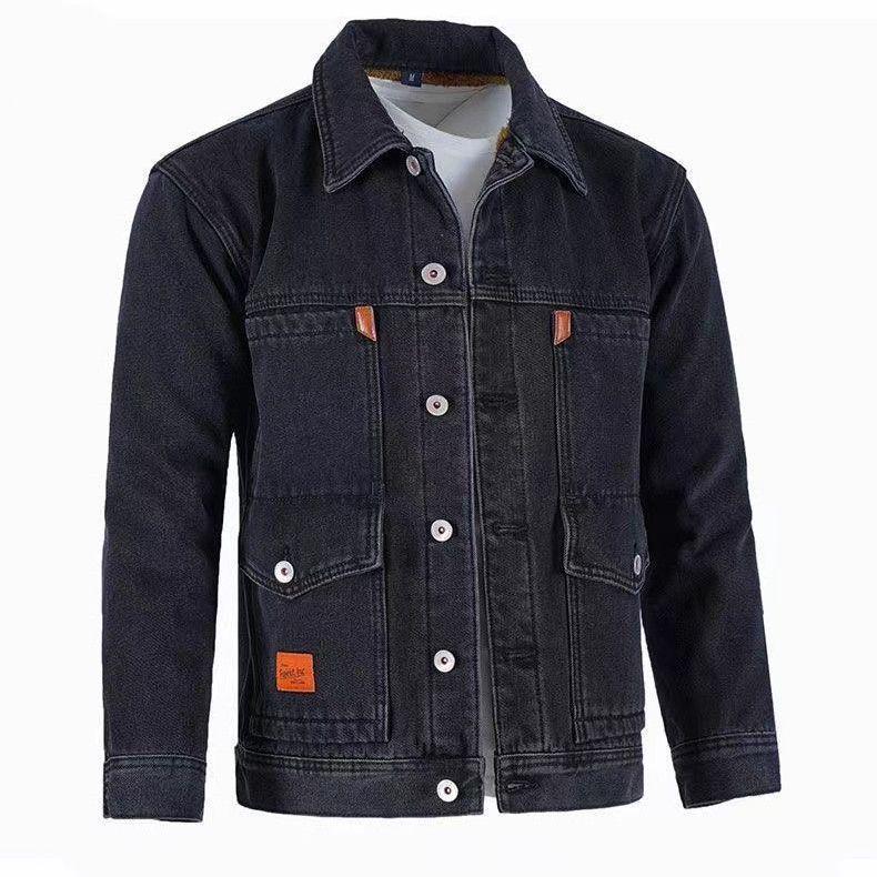 Мужская зимняя модная джинсовая куртка с бархатной подкладкой – плотная однотонная повседневная рабочая одежда