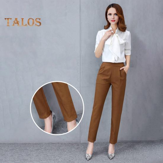 Women Pants Elastic High Waist Solid Color Slim Fit Trousers with Pockets Casual Commuting Style Office Lady Pants