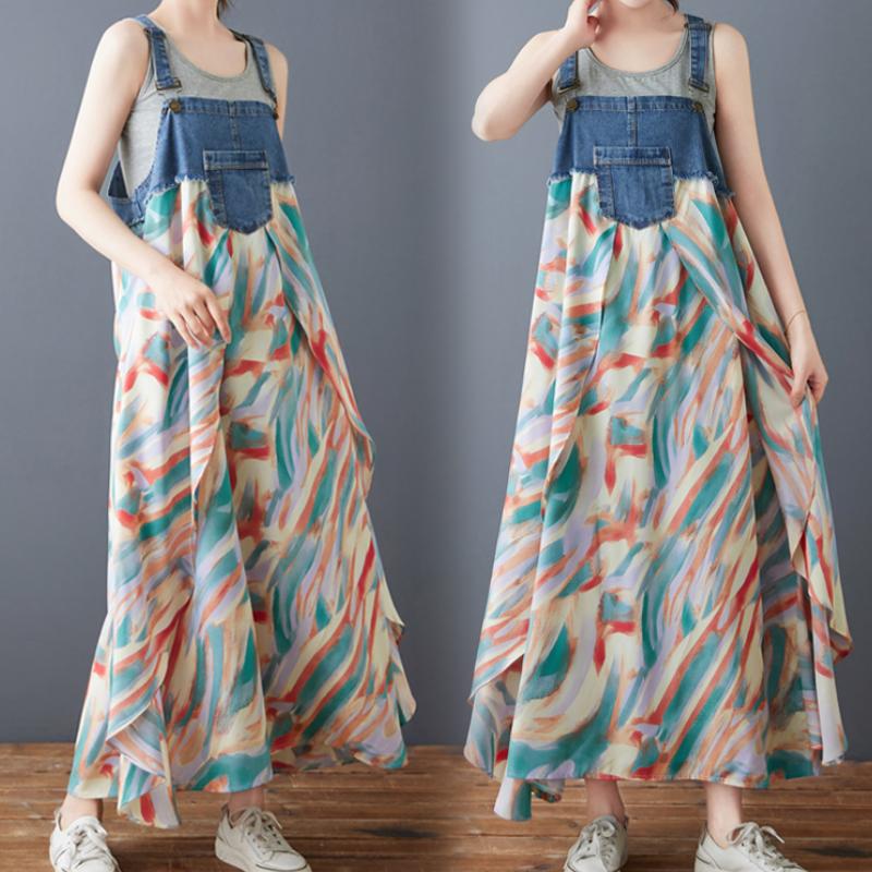 DIMANAF 2025 New Summer Women Plus Size Loose Vintage Printing Dress Basic Denim Spliced Sundress Casual Long Dress