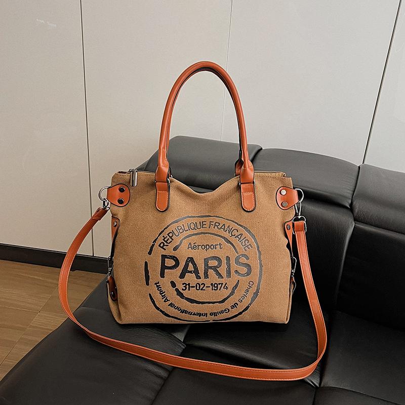 Большая сумка-тоут из ретро-холща - регулируемый плечевой ремень с принтом винтажных парижских штампов - стильная сумка через плечо для женщин