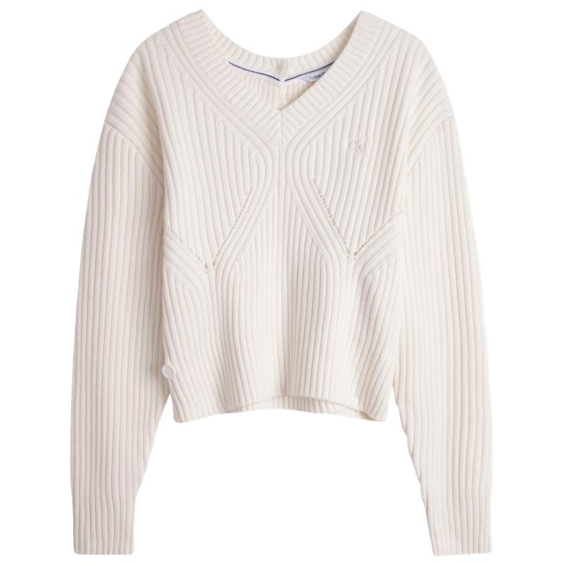 Calvin Klein Minimalist Embroidered Asymmetrical V-Neck Sweater Women Sweater Off-White J222847YBI