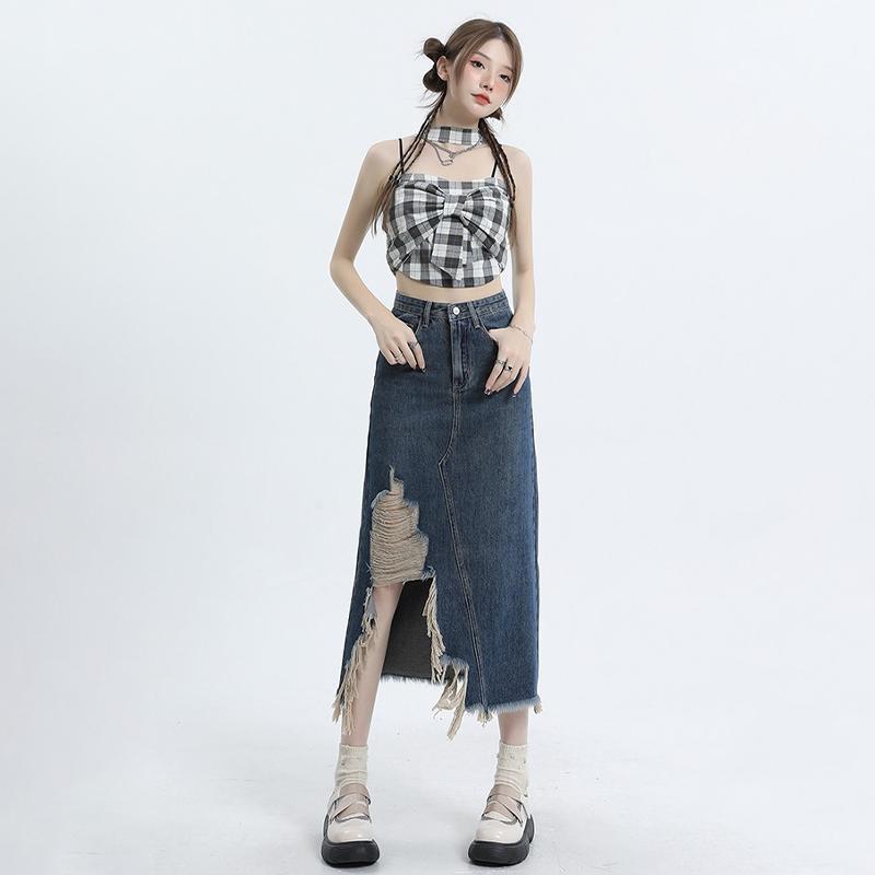 Irregular Retro Denim Midi Skirt Women Summer High Waist Slim Split A-line Skirt Female Streetwear Casual Vintage Y2K Blue