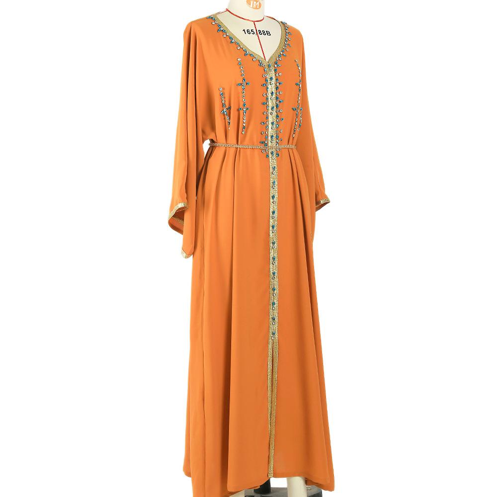 Middle Eastern Women's Clothes Solid Color V Neck Handmade Rhinestone Loose Shoulder One Sleeve Slim Fit Muslim Dress