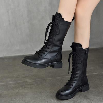 Сапоги из натуральной кожи до середины голени, плюшевые хлопковые сапоги, женские сапоги со шнуровкой в британском стиле