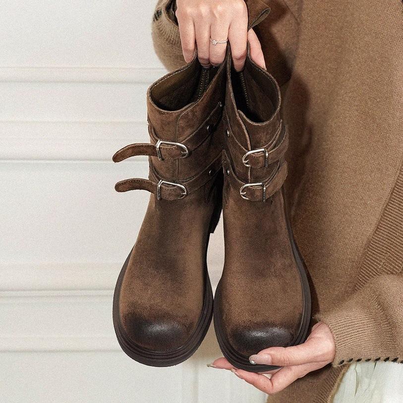 Кожаная версия~ ретро полированная пряжка ремня ковбойские сапоги в западном стиле облегающие короткие сапоги женские ботинки Maillard Martin ботинки-локомотивы