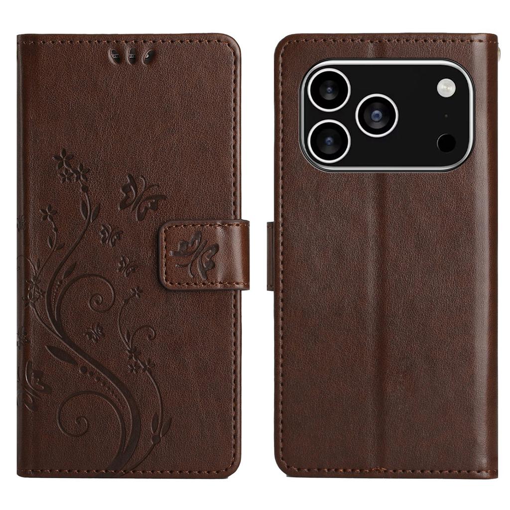 For iPhone 17 Pro Leather Wallet Case Butterfly Flower Imprinted Phone Cover with Strap