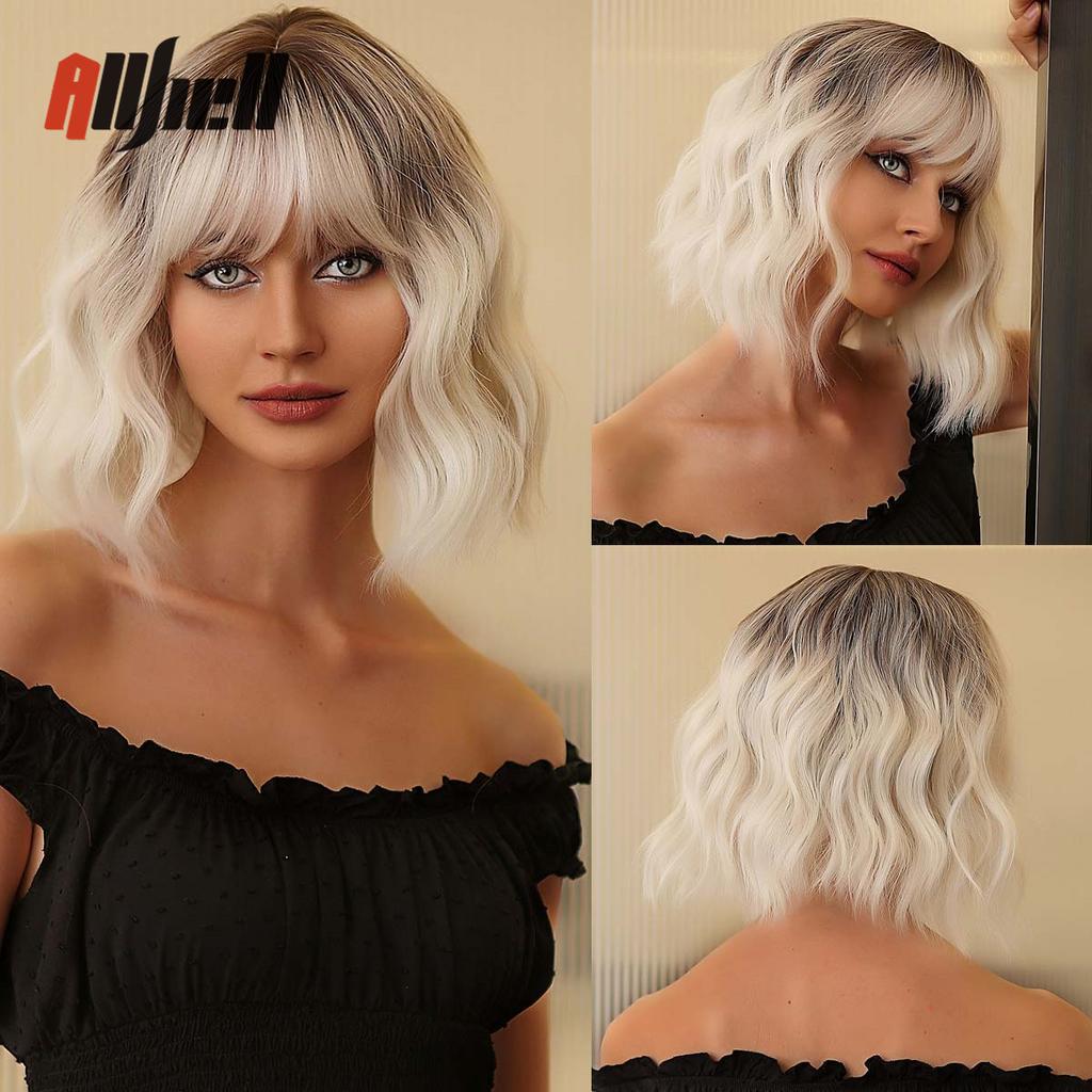 Synthetic Bob Hair Wig with Bangs Ombre Platinum Blonde Cosplay Wigs for Women Short Heat Resistant Female Daily Lolita Wavy Wig