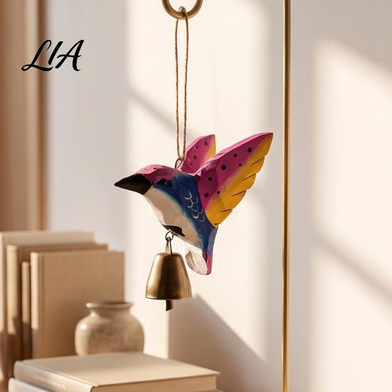Indoor Window Hanging Decor Hand Carved Wooden Bird Wind Chime, Rustic Bell Symbolic Hummingbird Birthday Gift with Rope, Wood Pendant for Garden Home
