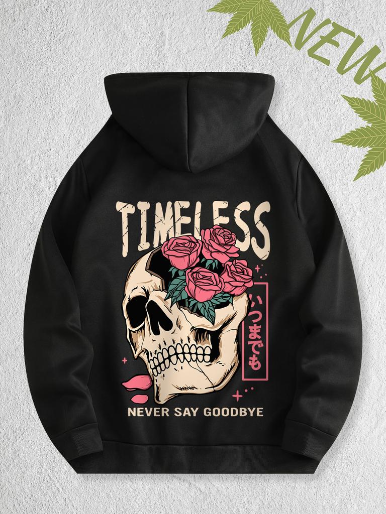 Vintage Skull Rose Graphic Men Hip Hop Sports Hoodie Timeless Slogan Back Print Loose Street Sweatshirt