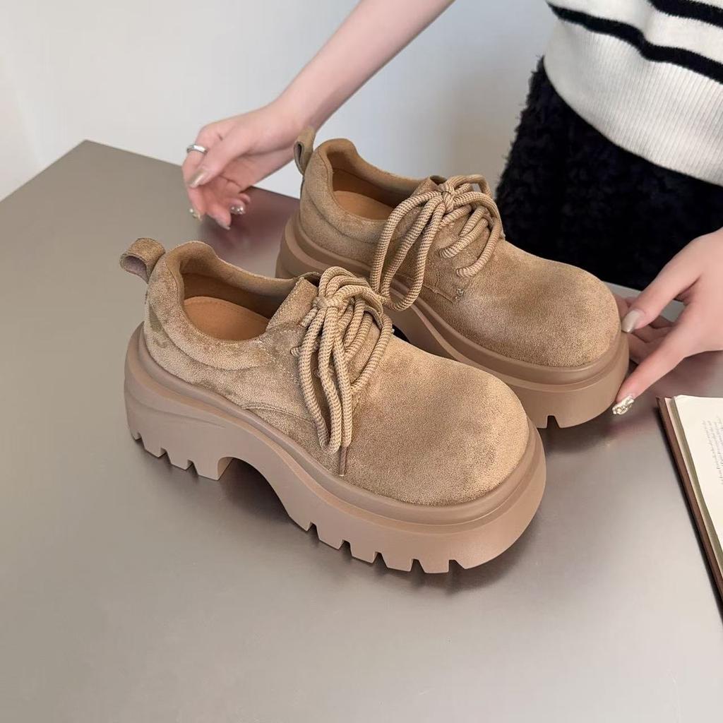 Женские лоферы на платформе 2025 осень новые модные универсальные простые британский стиль на шнуровке круглый носок повседневные маленькие одинарные туфли