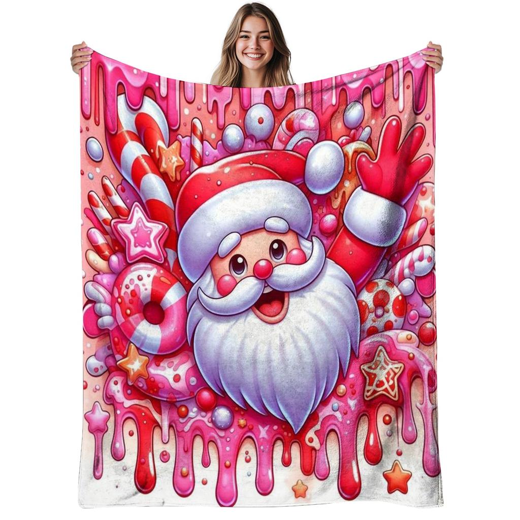 1pc Santa Claus Flannel Blanket | Soft Warm Cartoon Candy Design Print for Sofa Bedroom Office All-Season Use | Christmas Gift | 280gsm Polyester, Dig