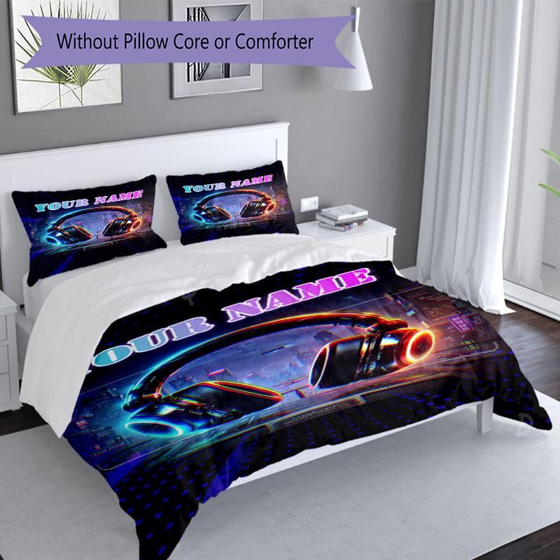 3pcs Custom Name "Neon Headphones Cityscape" Bedding Set Printed Bedding Set Duvet Cover Closure Includes 1 Duvet Cover & 2 Pillowcases Bedroom Decor