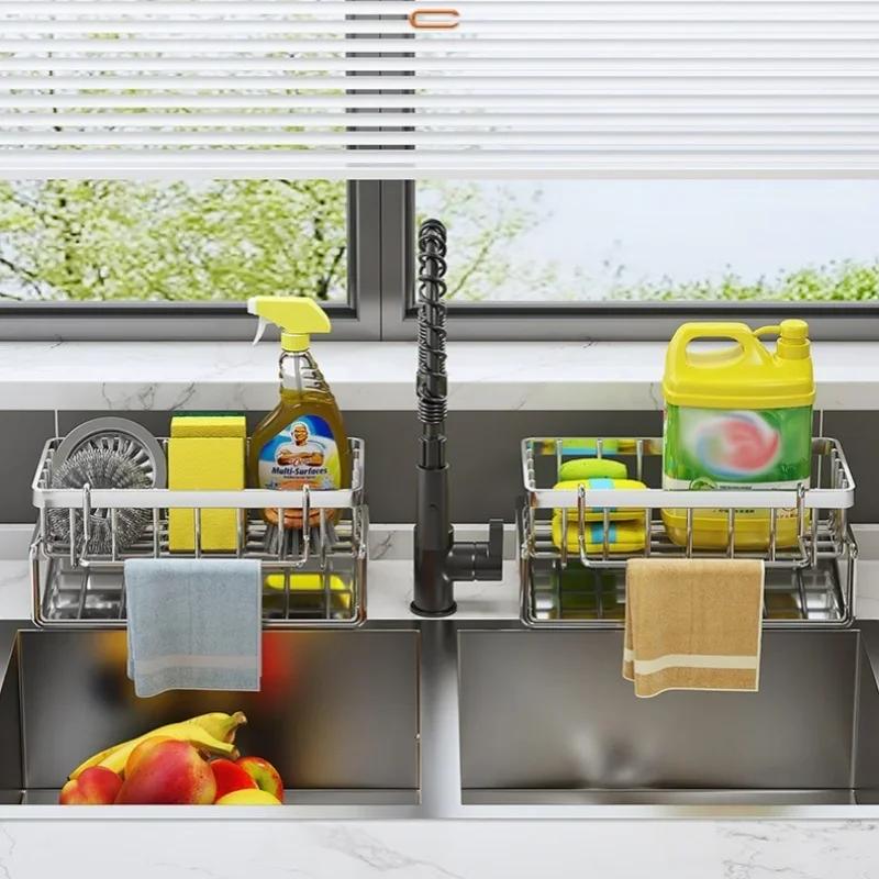 Сливная полка для губки из углеродистой стали, многофункциональная столешница, держатель для крана, полка для мыла, полотенцесушитель, фильтр-корзина
