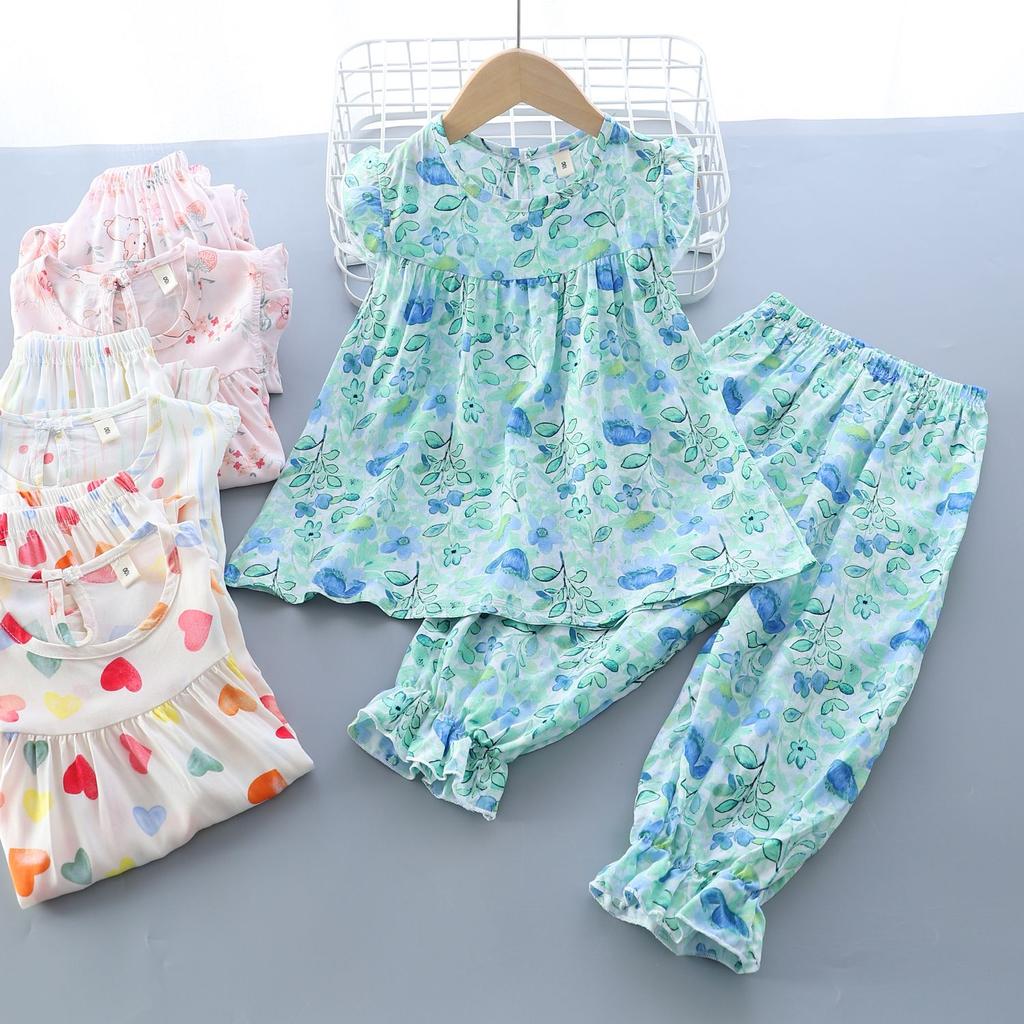 Girls' Summer Flying Sleeve Seven Part Pants Set Children's Two-piece Set Baby Pajamas