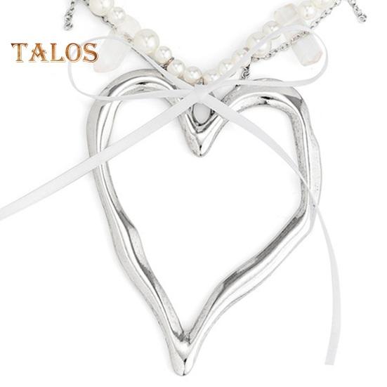Женское ожерелье из искусственного жемчуга с большим кулоном в виде сердца, полая цепочка с бантом, декор, регулируемая длина, украшение из нержавеющей стали для шеи, ювелирные изделия, вечерние, пляжное ожерелье на ключице