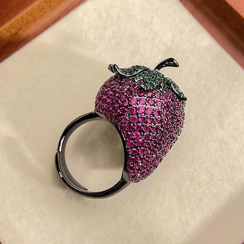 Adjustable Cute Strawberry Shaped Ring Vivid Pink with Green Accents Embellished with Sparkling Zirconia Women Fashion Jewelry