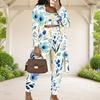 Women Plus Size Three Piece Set Floral Printed Long Sleeve Open Front Cardigan Crop Top And Long Pants