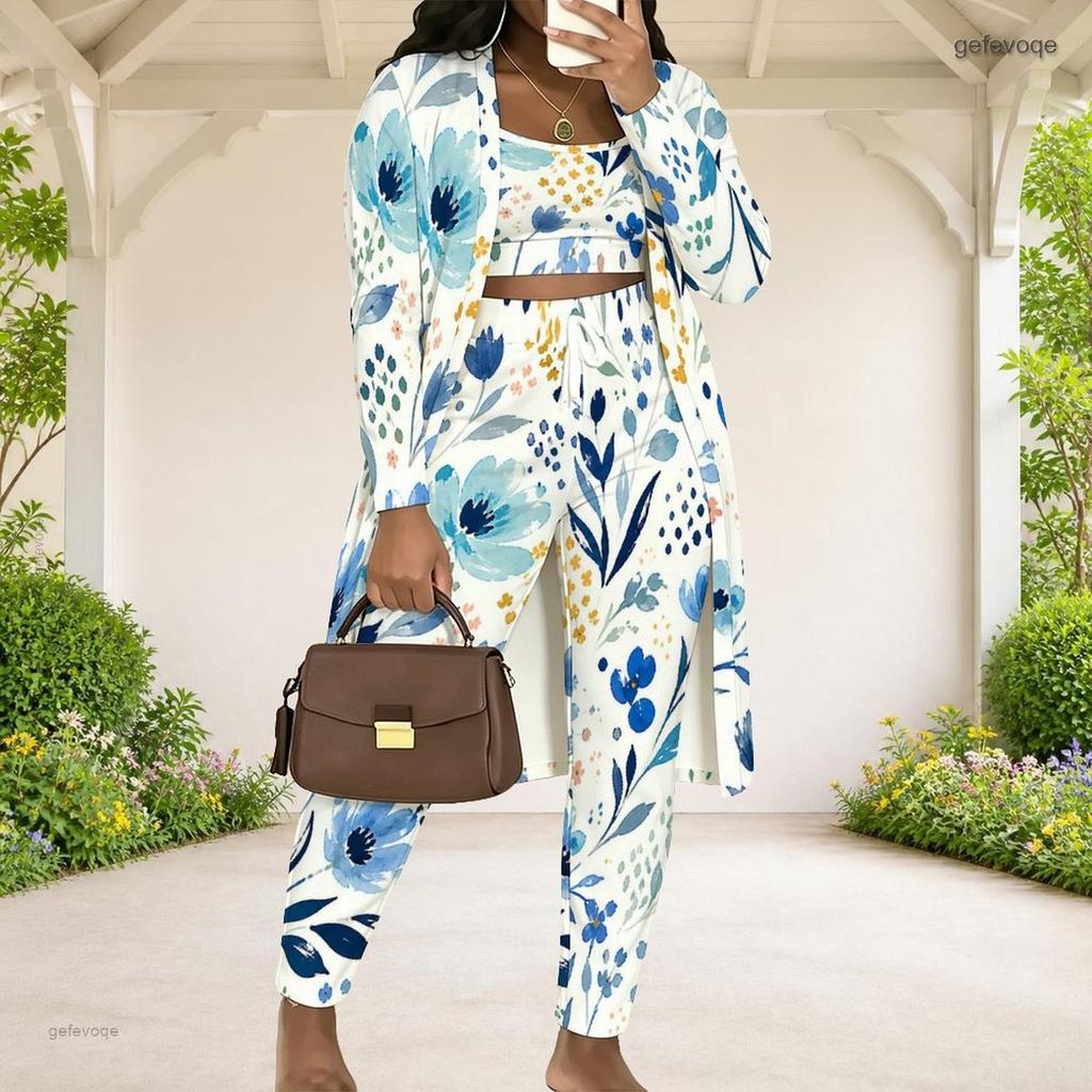 Women Plus Size Three Piece Set Floral Printed Long Sleeve Open Front Cardigan Crop Top And Long Pants