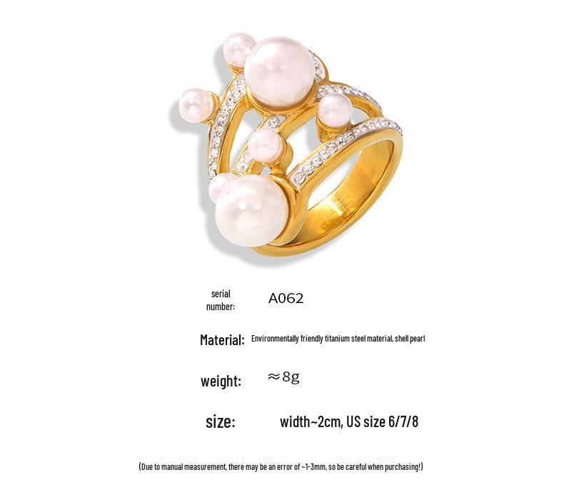 Элегантное кольцо в корейском стиле с жемчугом и бриллиантами - титановая сталь с покрытием из 18-каратного золота